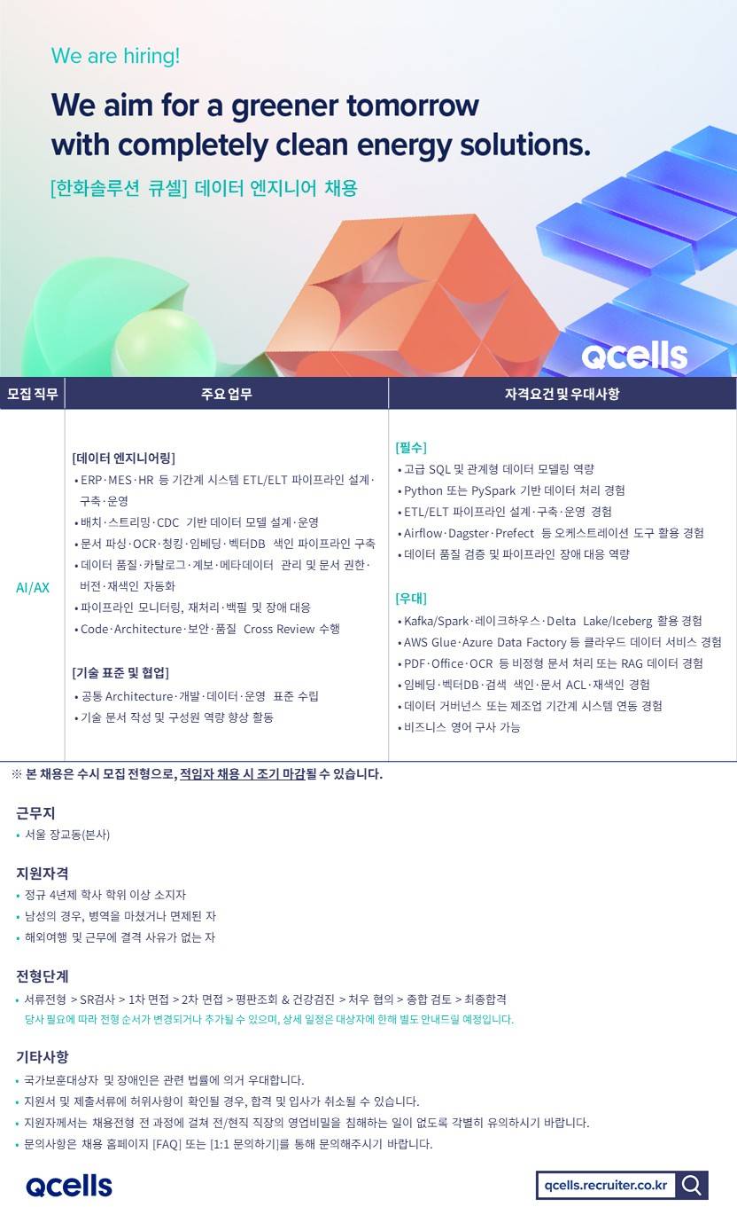 [한화솔루션] [큐셀] 데이터 엔지니어 채용