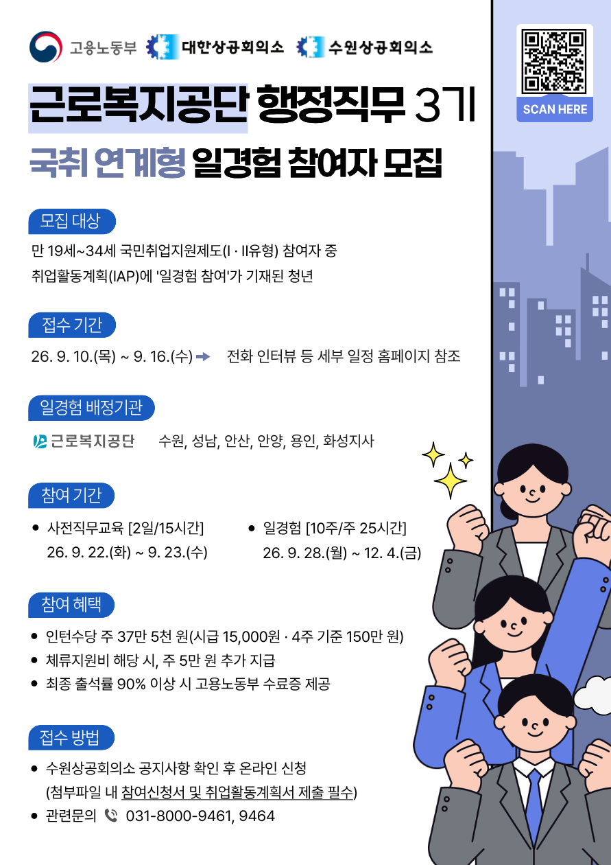 ★근로복지공단 행정업무 참여기회★ 수원상공회의소 2026 미래내일일경험사업 3기 참여자 모집