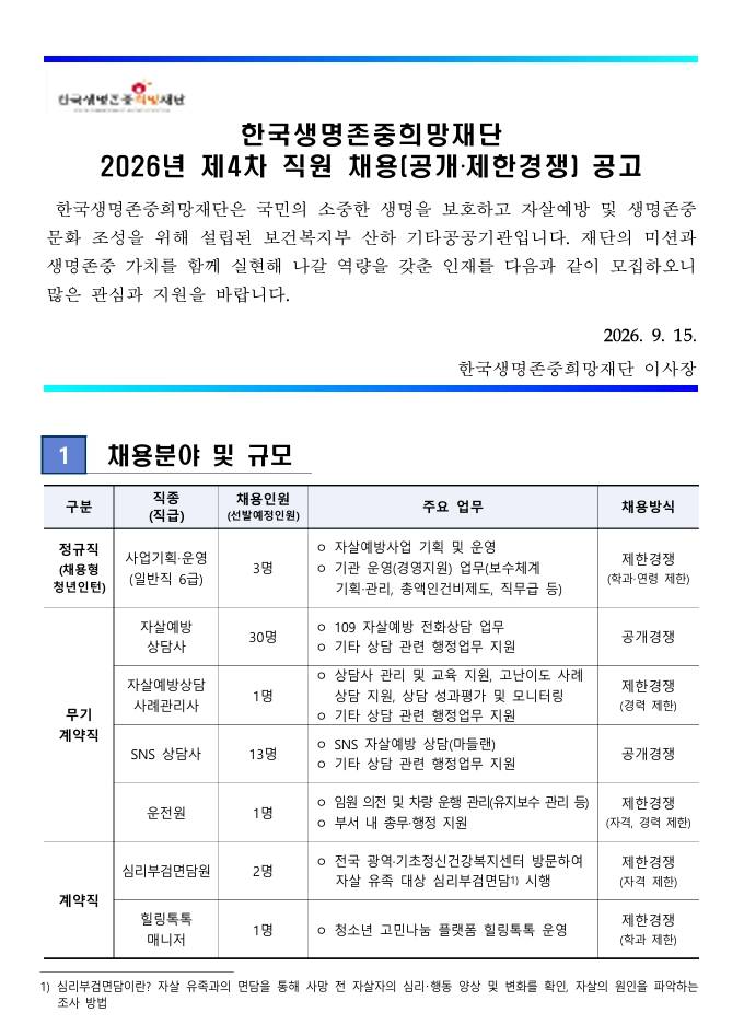 [한국생명존중희망재단] 2026년 제4차 직원 채용 (공개·제한경쟁) 공고