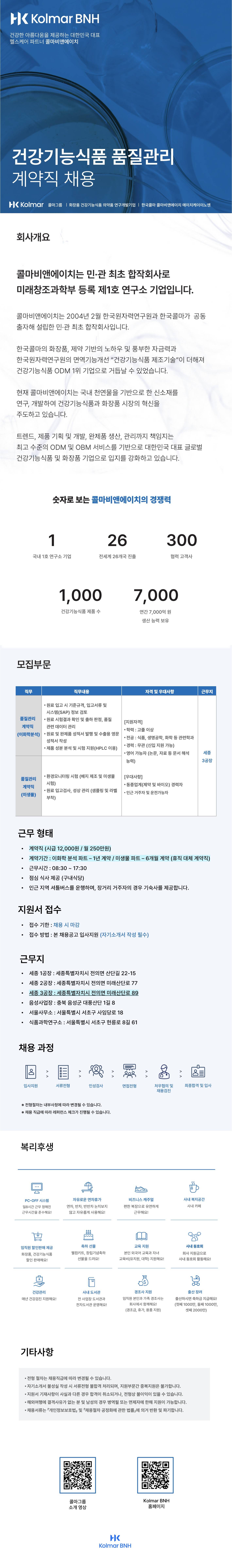 [콜마비앤에이치] 세종3공장 건강기능식품 QC(품질관리) 계약직 채용 (채용시 마감)