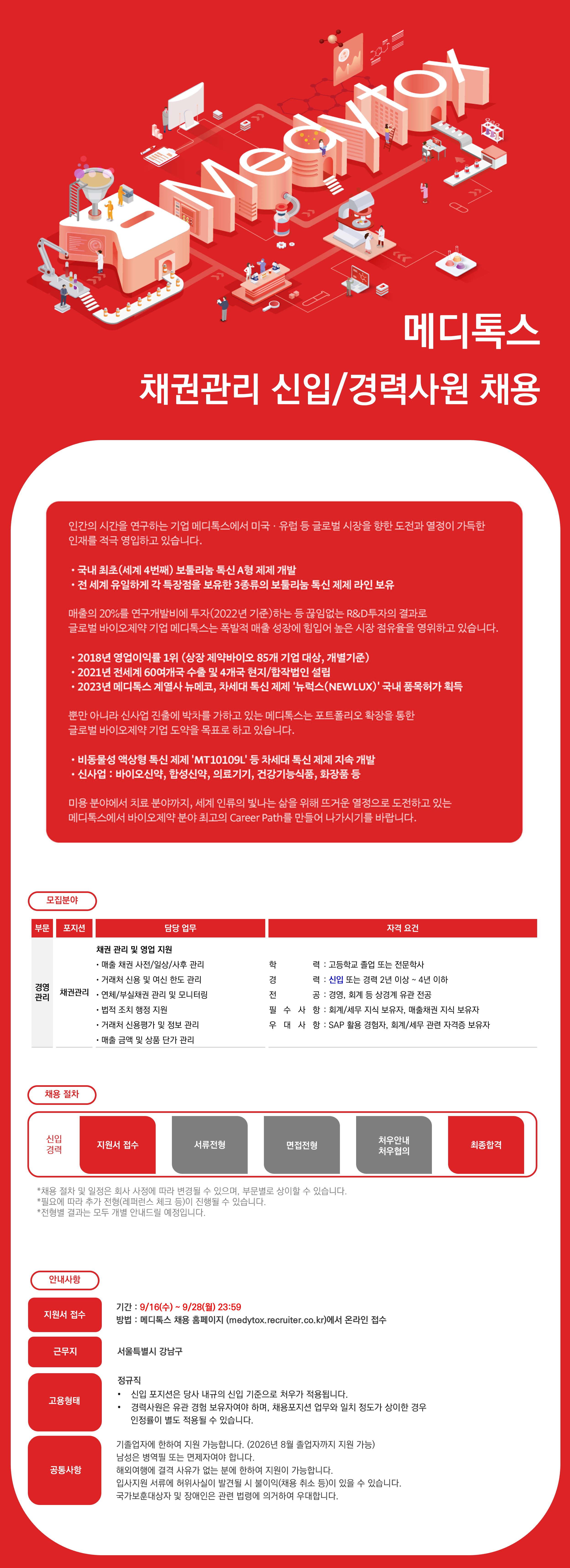 [메디톡스] 채권관리 신입/경력사원 채용