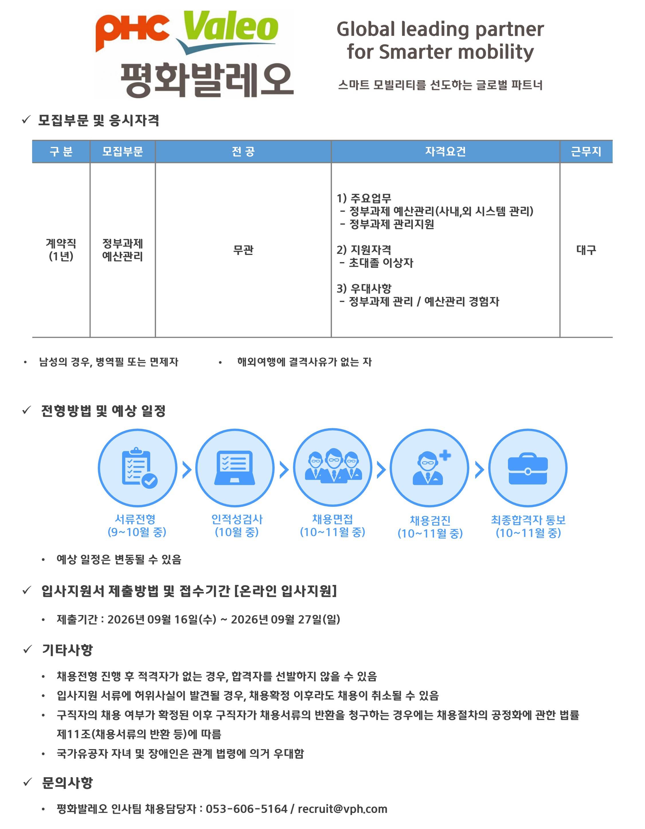 [평화발레오] 정부과제 예산관리 계약직 채용
