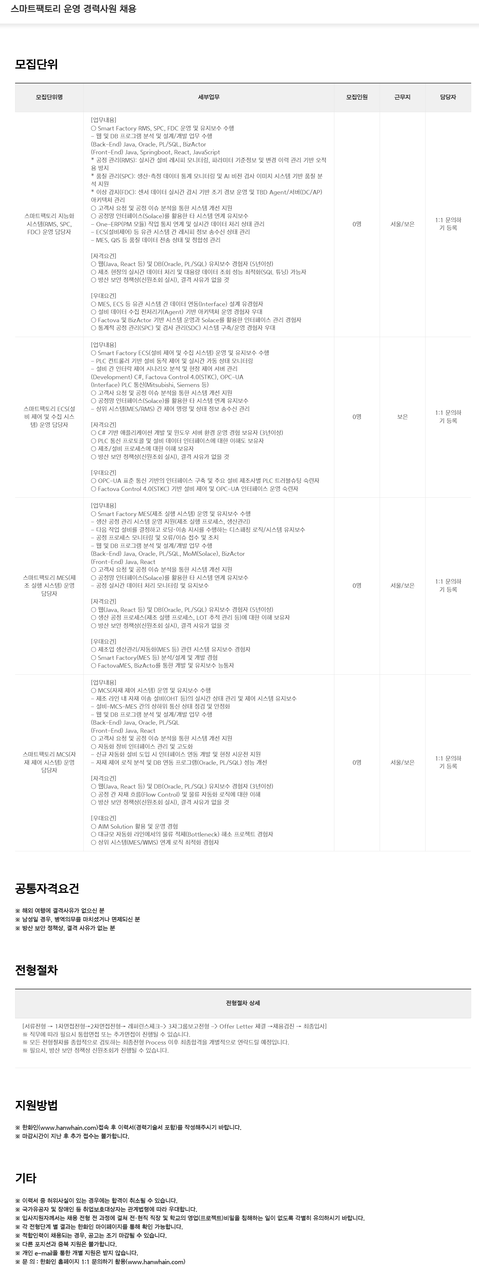 [한화시스템] 스마트팩토리 운영 경력사원 채용
