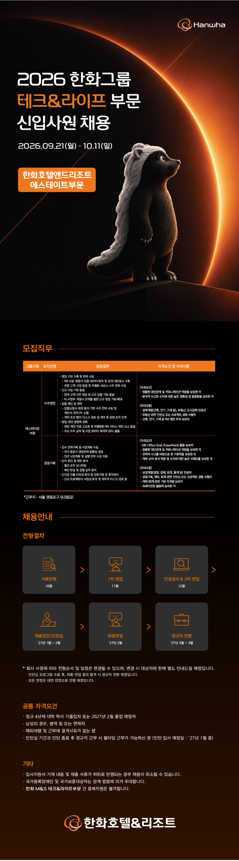 [한화호텔앤드리조트] 2026 테크&라이프 에스테이트 부문 신입사원 채용