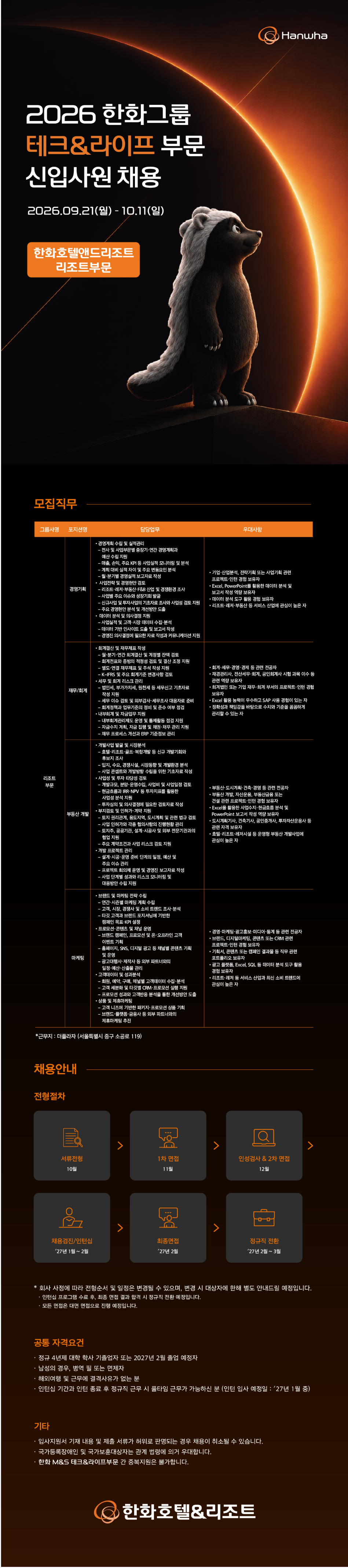 [한화호텔앤드리조트] 2026 테크&라이프 리조트 부문 신입사원 채용