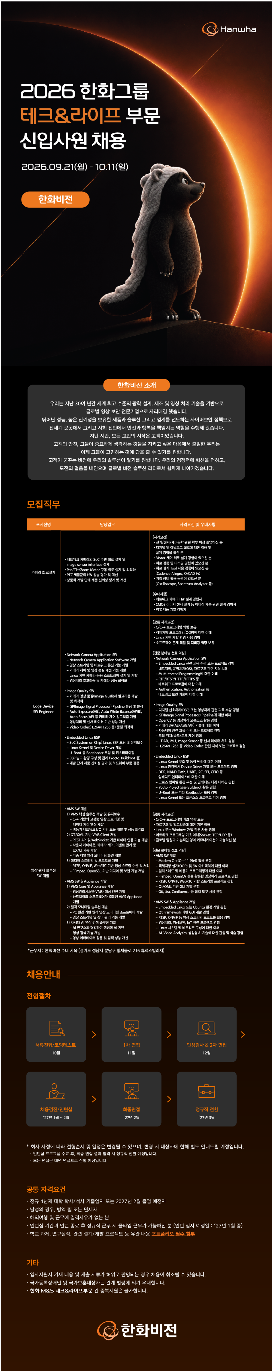 [한화비전] 2026 테크&라이프 부문 신입사원 채용
