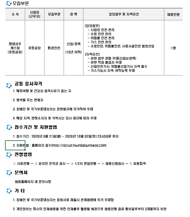 [현대성우캐스팅] 포항공장 환경안전팀 신입/경력 채용