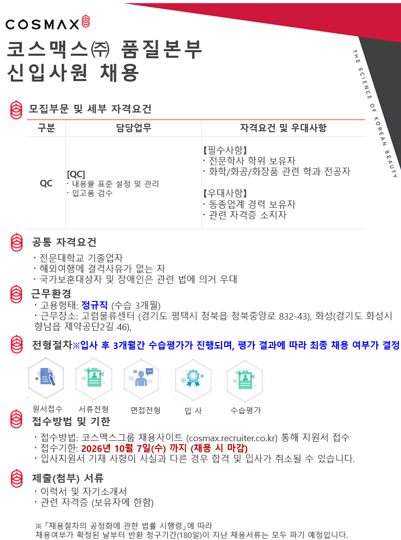 [코스맥스] 품질본부 신입사원 채용