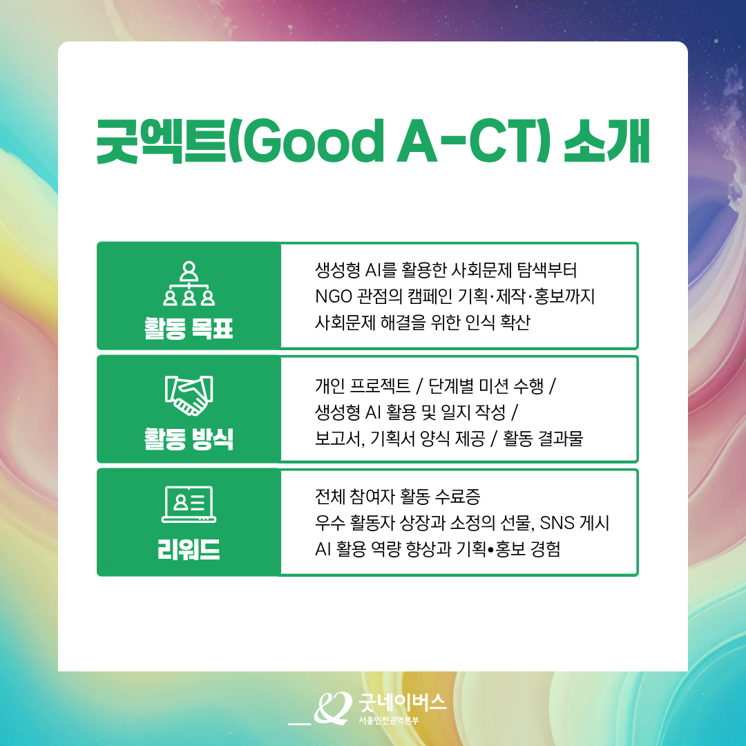 [굿네이버스] AI 활용으로 캠페인 기획/제작/홍보하자! '굿엑트(Good A-CT) 2기' 모집 (비대면/수료증)