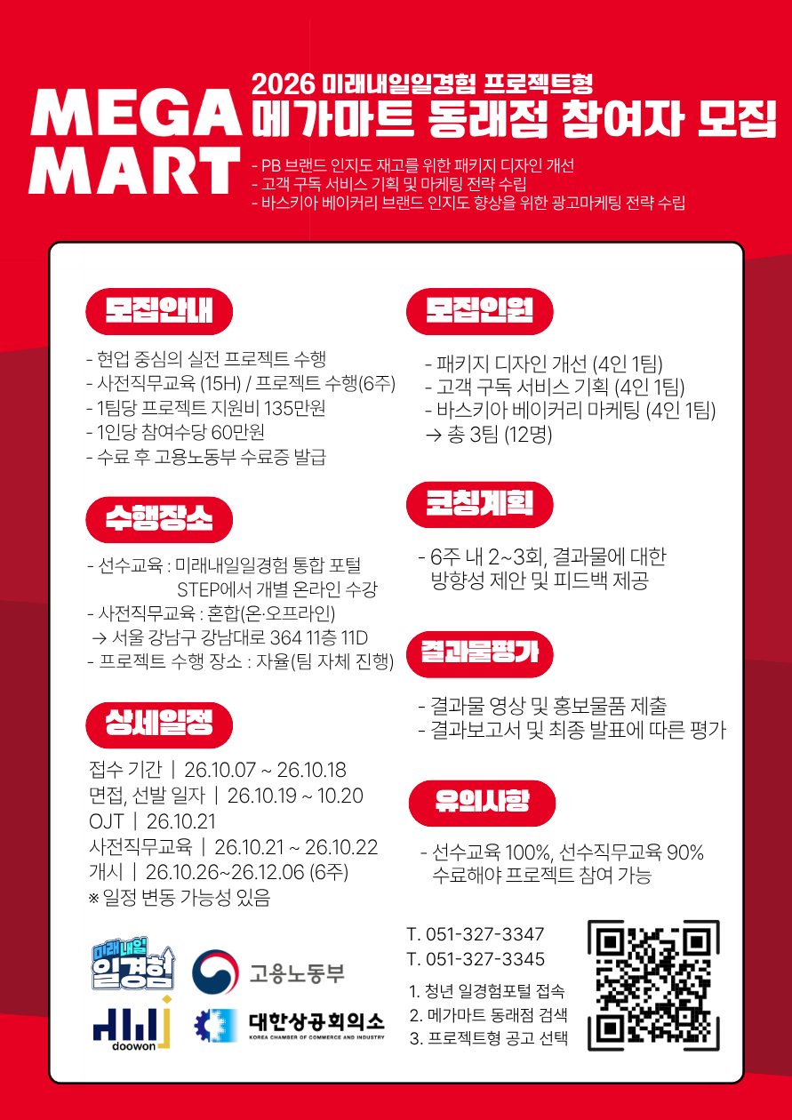 [2026년 미래내일 일경험(프로젝트형)] 메가마트 동래점 광고·마케팅 프로젝트 참여 청년 모집! (~10/20)