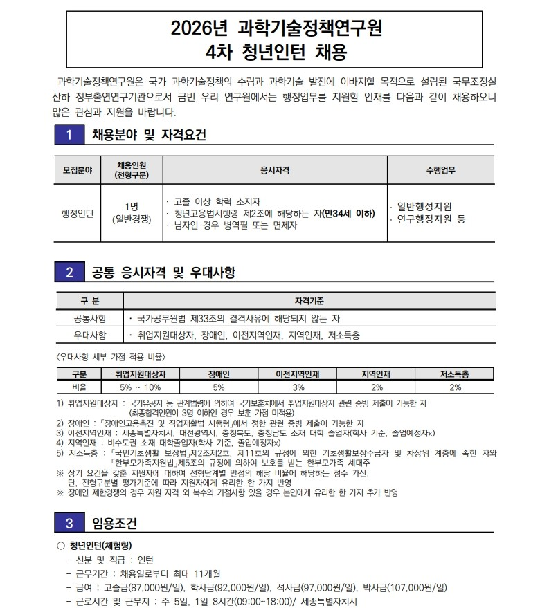 [과학기술정책연구원] 4차 청년인턴 채용