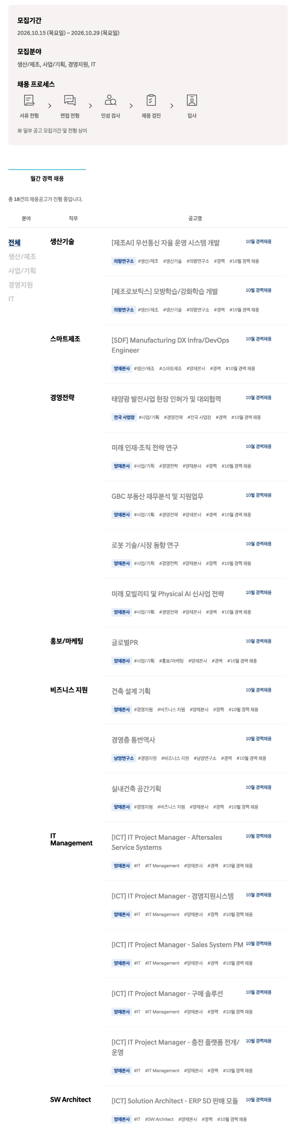 [현대자동차] 2026년 10월 월간 경력 채용 (~10/29)