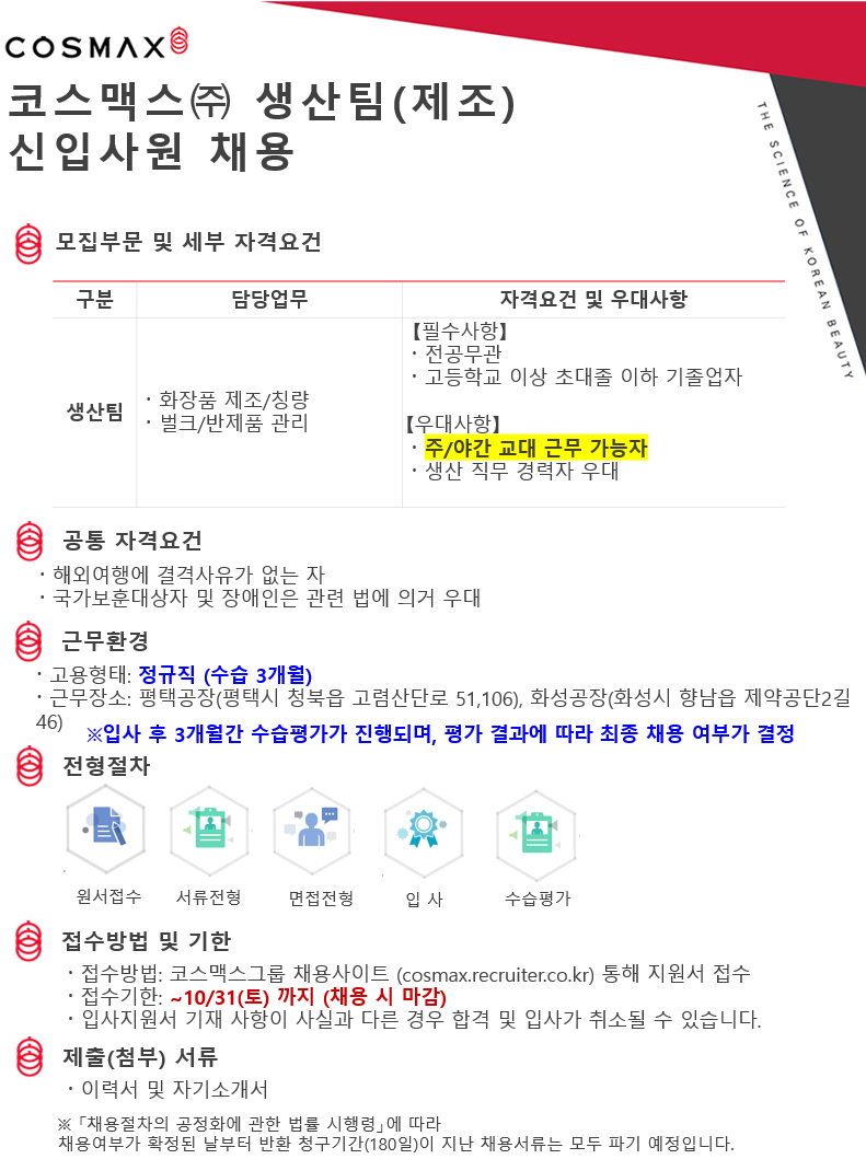 [코스맥스] ㈜ 생산팀(제조) 신입사원 채용