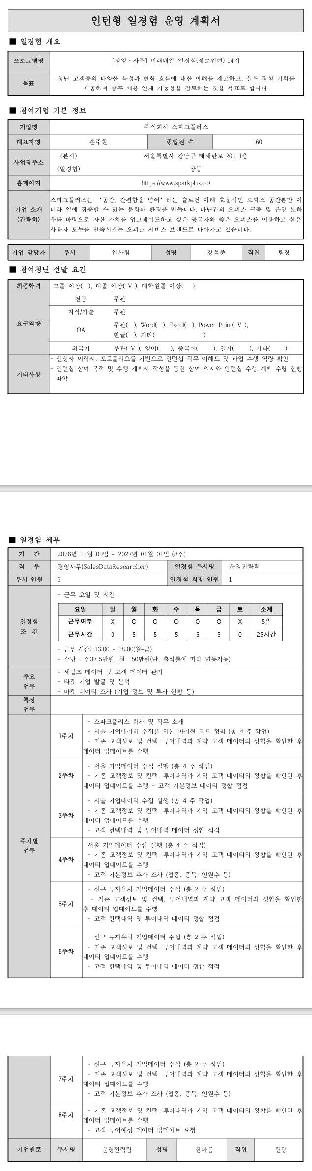 [스파크플러스] 미래내일 일경험(제로인턴) 14기 - 경영사무(Sales)