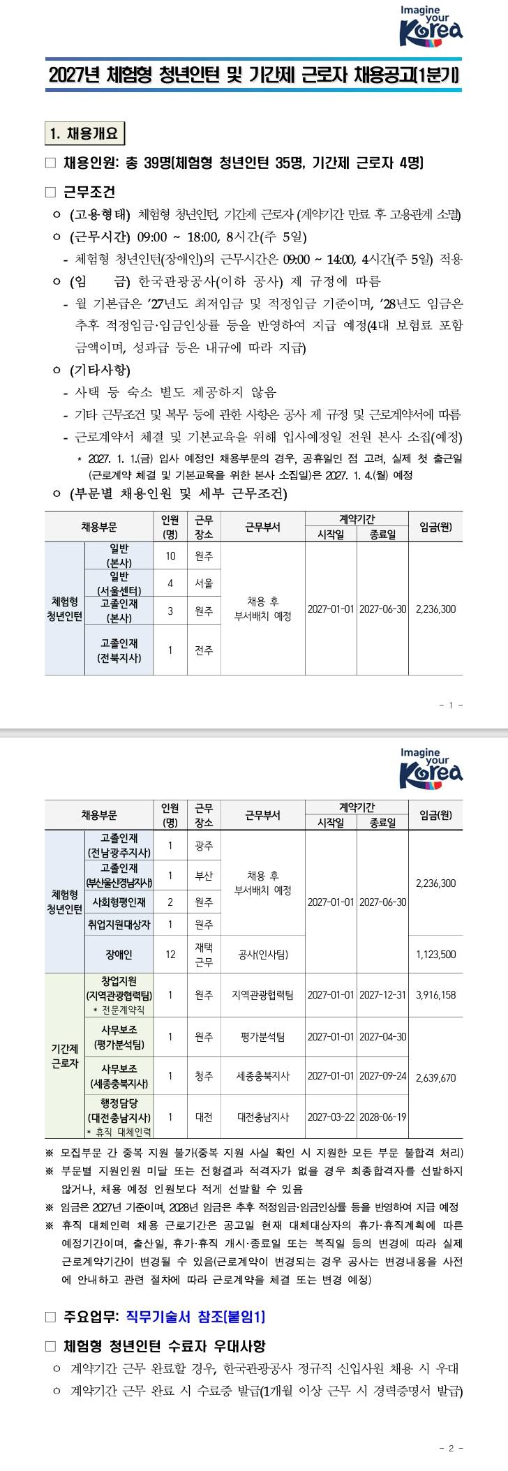[한국관광공사] 2027년 체험형 청년인턴 및 기간제 근로자 채용 공고(1분기)